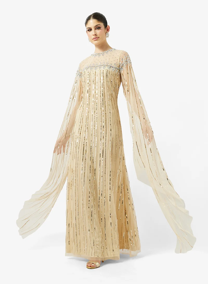 Bead Embellished Evening Gown with Cape Sleeves